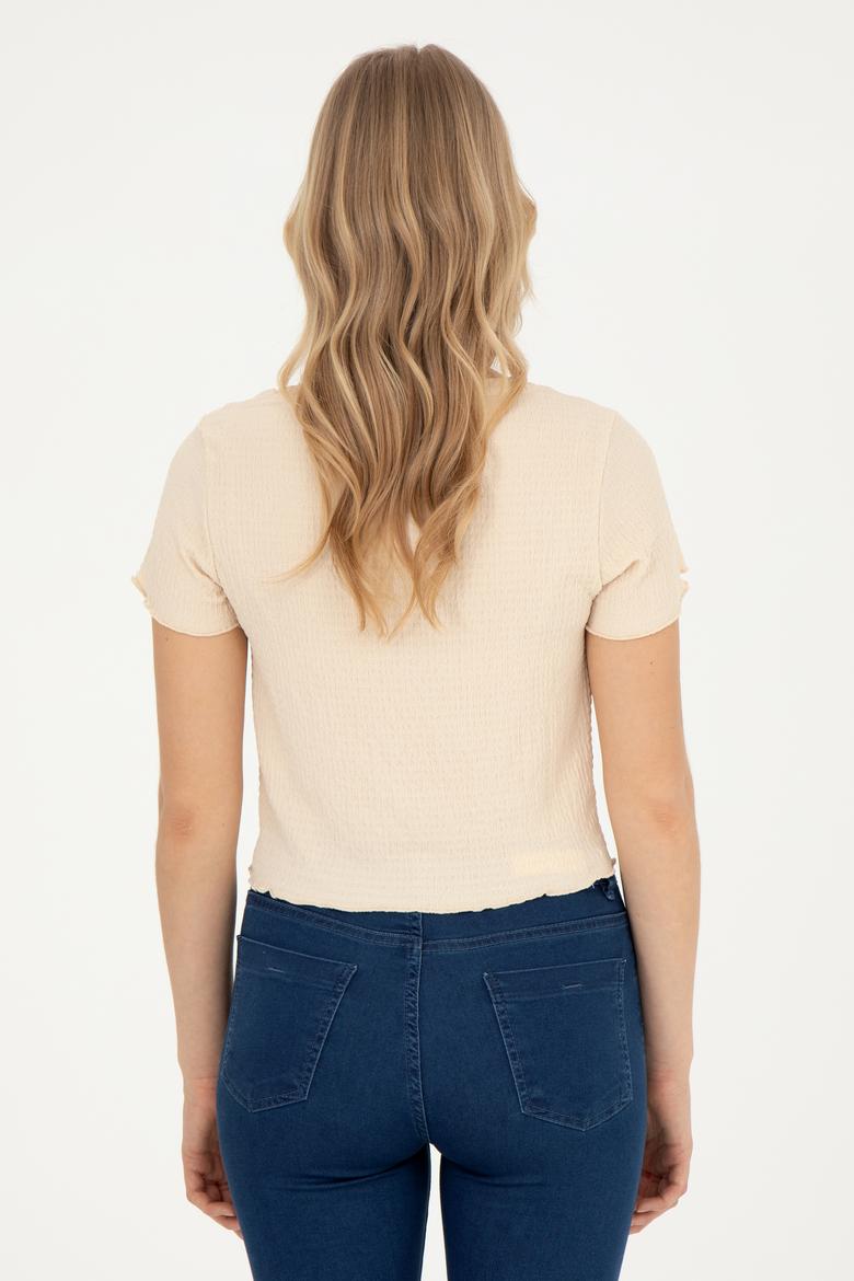 Kadın Krem Bisiklet Yaka Tişört - 50285532013