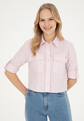 Kadın Pembe Uzun Kollu Çizgili Gömlek - 50283422020