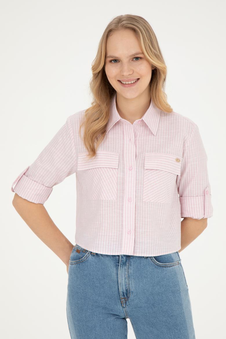 Kadın Pembe Uzun Kollu Çizgili Gömlek - 50283422020