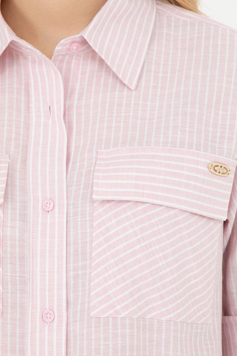 Kadın Pembe Uzun Kollu Çizgili Gömlek - 50283422020