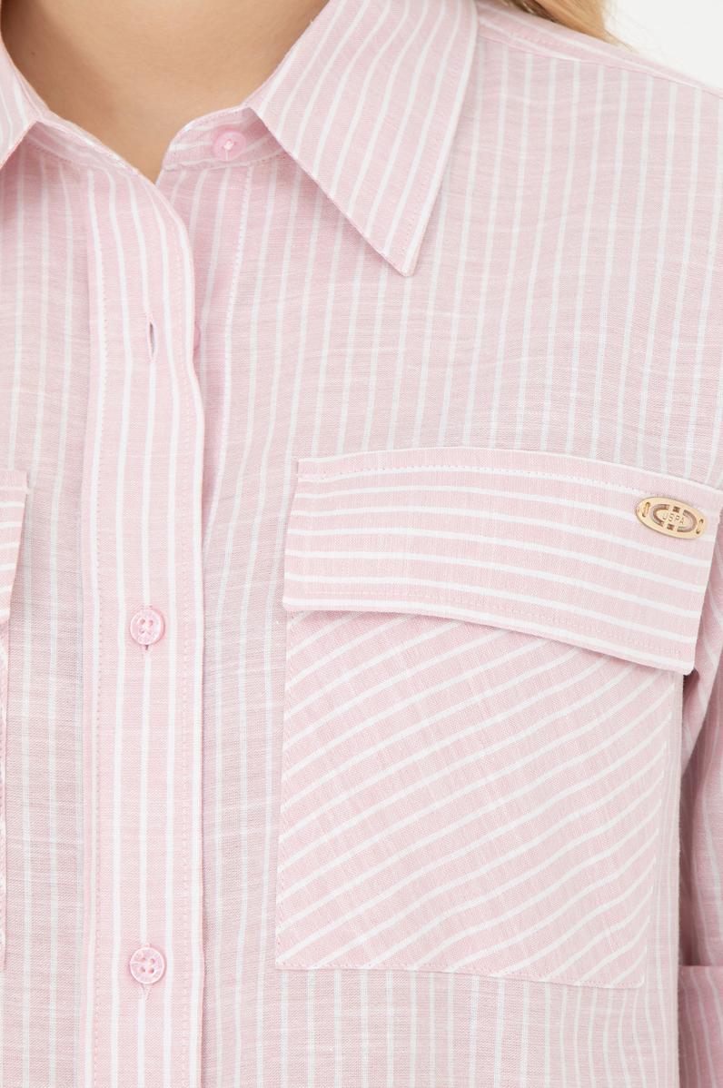 Kadın Pembe Uzun Kollu Çizgili Gömlek