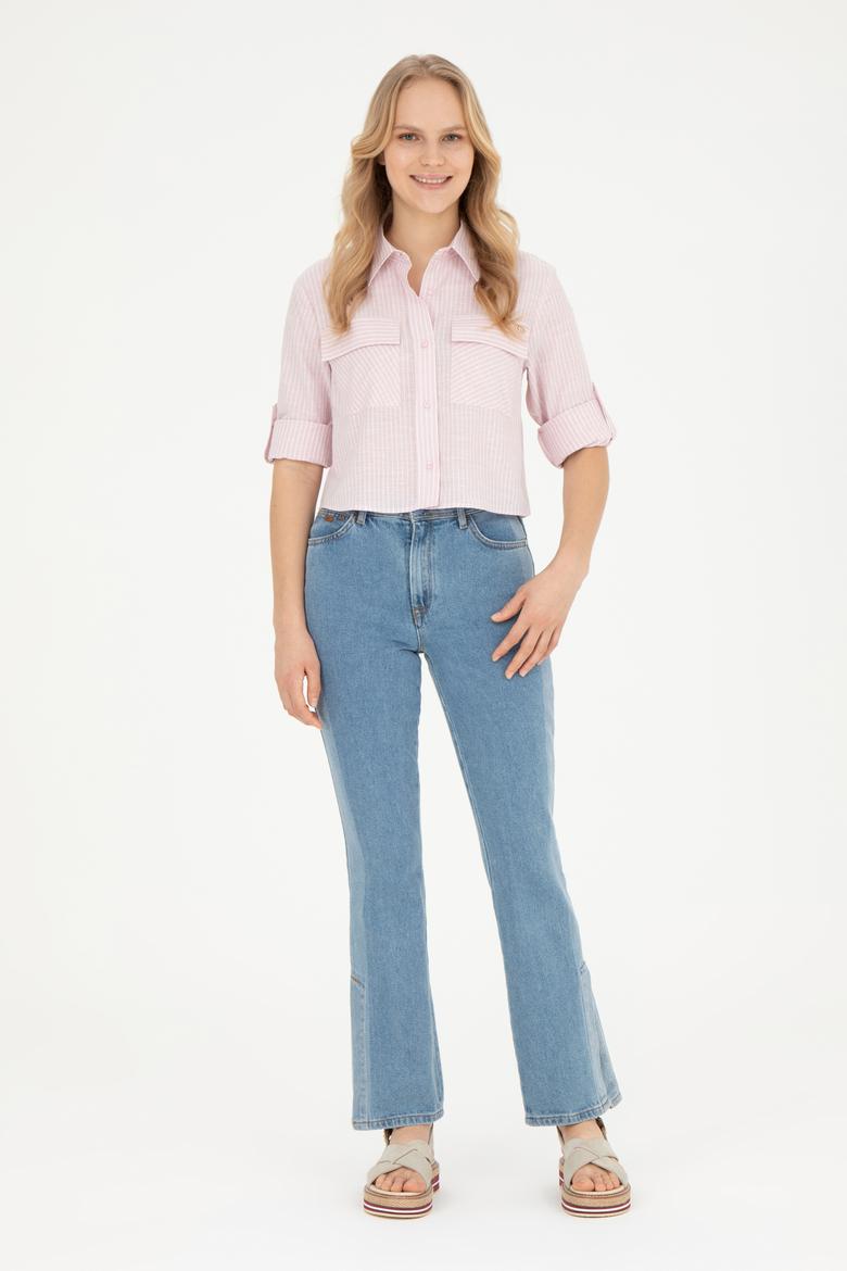 Kadın Pembe Uzun Kollu Çizgili Gömlek - 50283422020