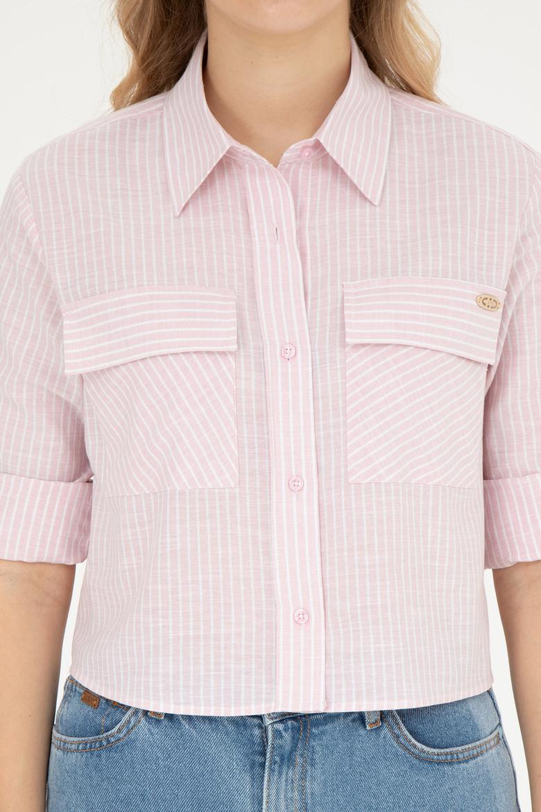 Kadın Pembe Uzun Kollu Çizgili Gömlek - 50283422020