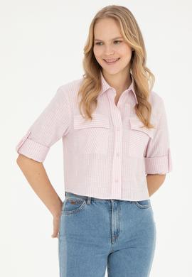 Kadın Pembe Uzun Kollu Çizgili Gömlek - 50283422020