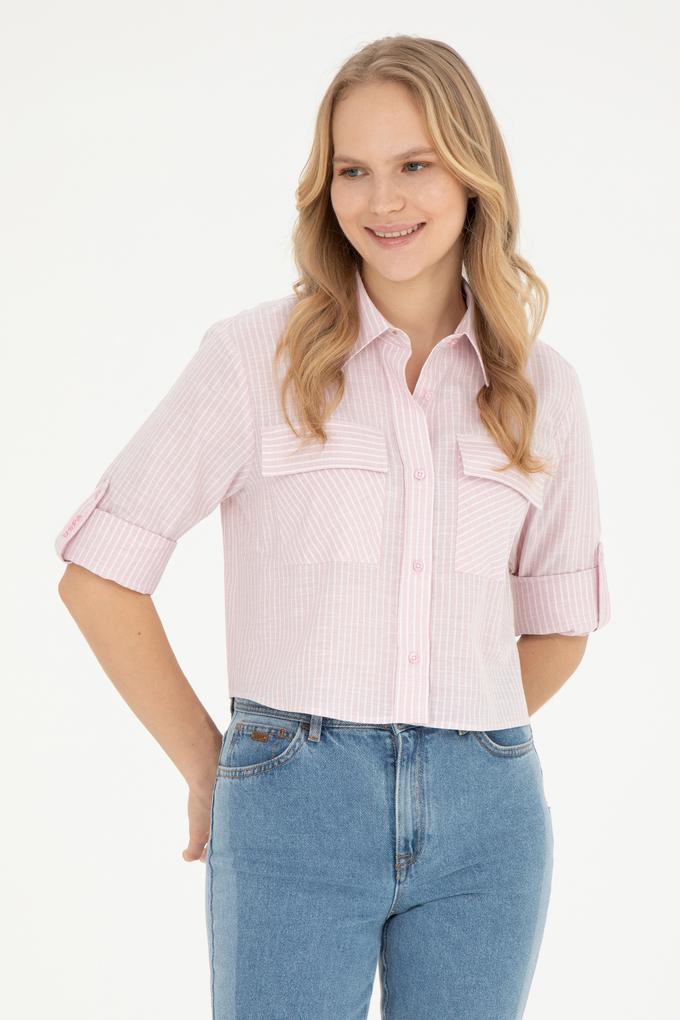 Kadın Pembe Uzun Kollu Çizgili Gömlek