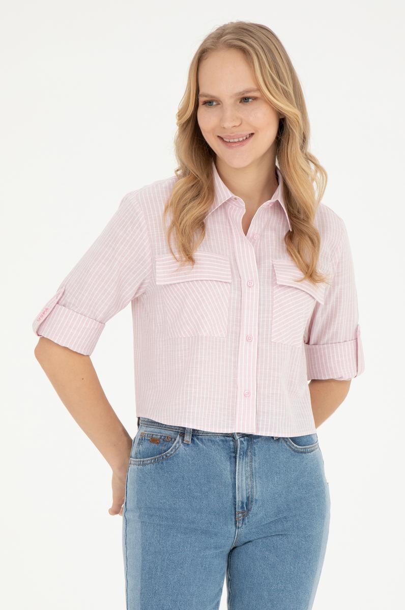 Kadın Pembe Uzun Kollu Çizgili Gömlek