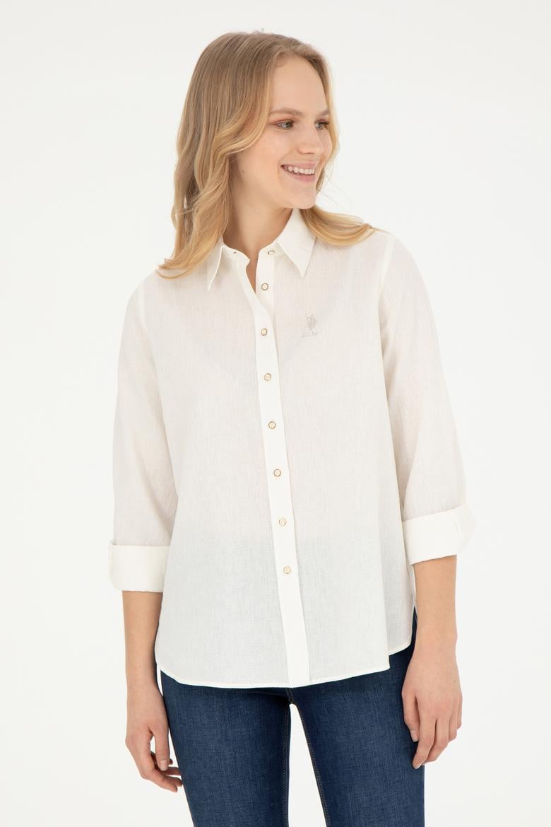 Kadın Ekru Keten Görünümlü Uzun Kollu Gömlek - 50263362011