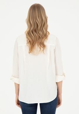 Kadın Ekru Keten Görünümlü Uzun Kollu Gömlek - 50263362011