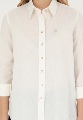 Kadın Ekru Keten Görünümlü Uzun Kollu Gömlek - 50263362011