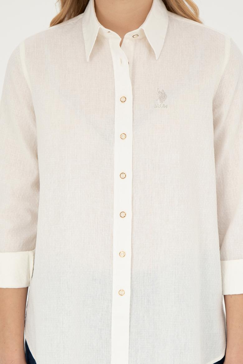 Kadın Ekru Keten Görünümlü Uzun Kollu Gömlek - 50263362011