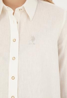 Kadın Ekru Keten Görünümlü Uzun Kollu Gömlek - 50263362011