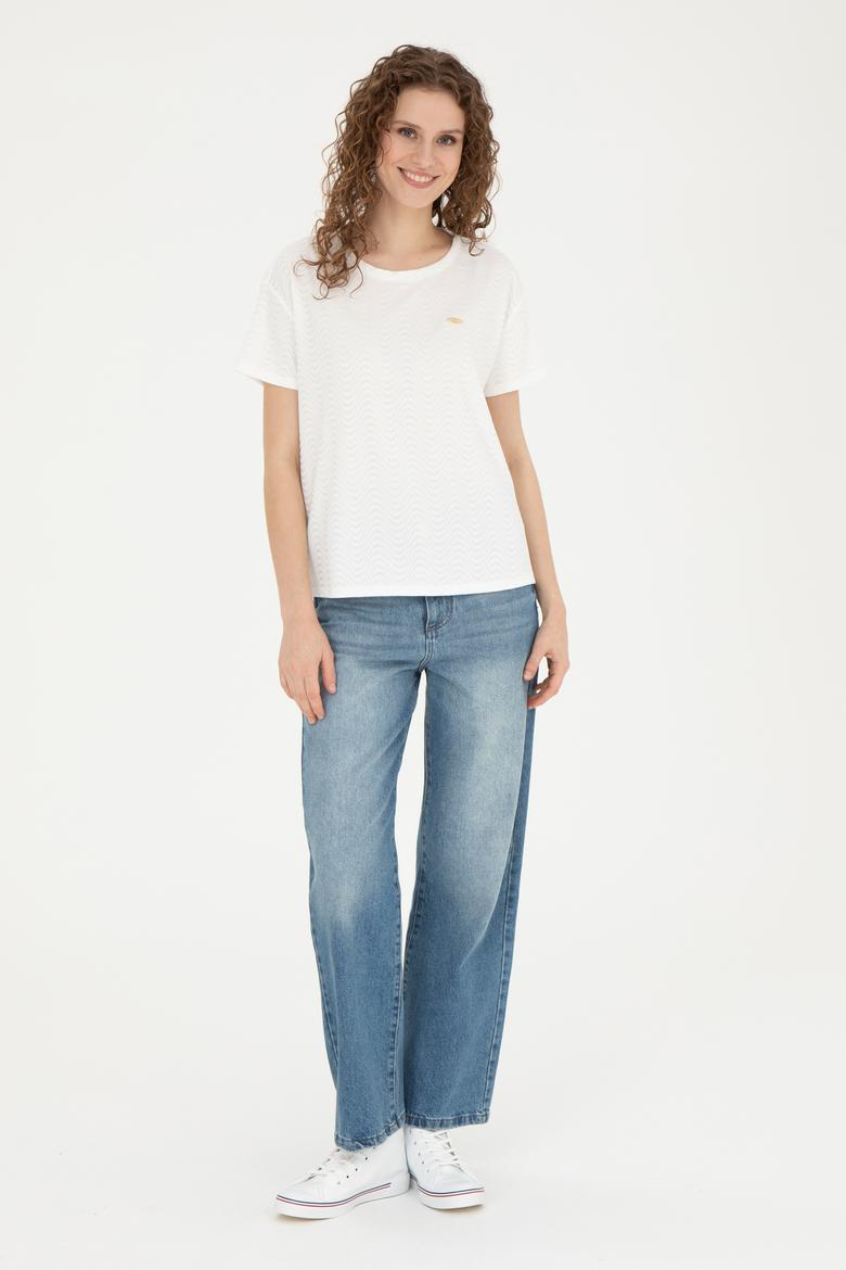 Kadın Ekru Bisiklet Yaka Tişört - 50281900030