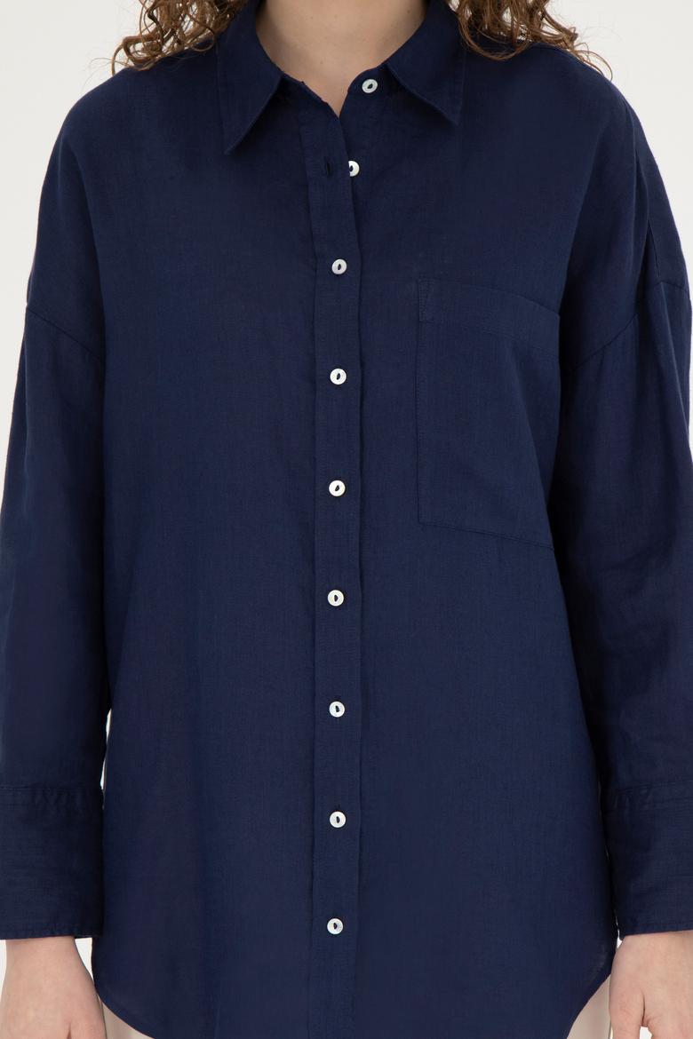 Kadın Lacivert Keten Uzun Kollu Gömlek - 50285878020
