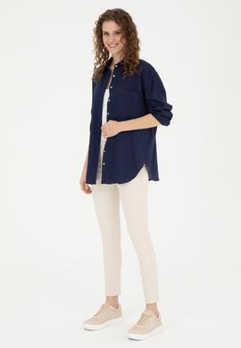 Kadın Lacivert Keten Uzun Kollu Gömlek - 50285878020