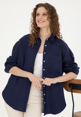 Kadın Lacivert Keten Uzun Kollu Gömlek - 50285878020