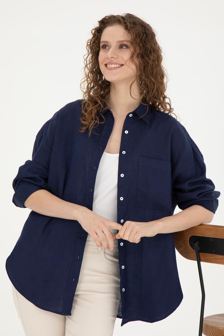 Kadın Lacivert Keten Uzun Kollu Gömlek - 50285878020