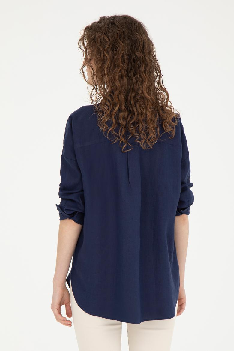 Kadın Lacivert Keten Uzun Kollu Gömlek - 50285878020