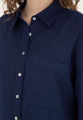 Kadın Lacivert Keten Uzun Kollu Gömlek - 50285878020