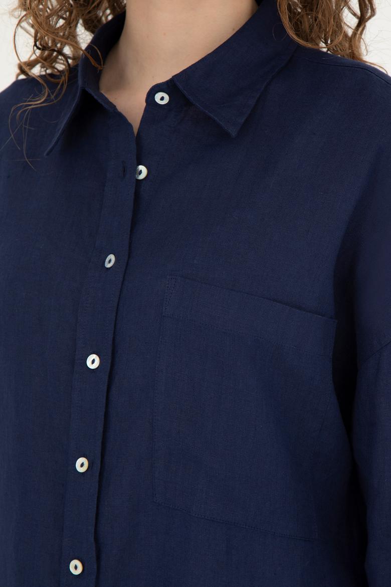 Kadın Lacivert Keten Uzun Kollu Gömlek - 50285878020