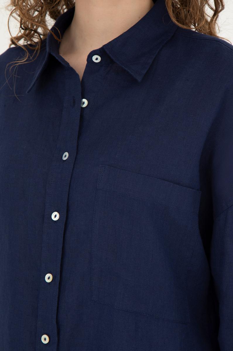 Kadın Lacivert Keten Uzun Kollu Gömlek