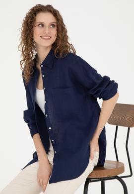 Kadın Lacivert Keten Uzun Kollu Gömlek - 50285878020