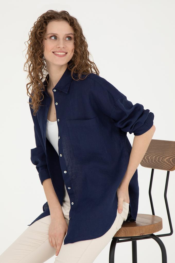 Kadın Lacivert Keten Uzun Kollu Gömlek