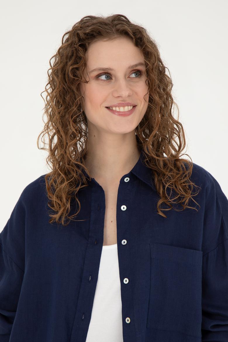 Kadın Lacivert Keten Uzun Kollu Gömlek - 50285878020