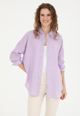 Kadın Lila Keten Uzun Kollu Gömlek - 50285878029