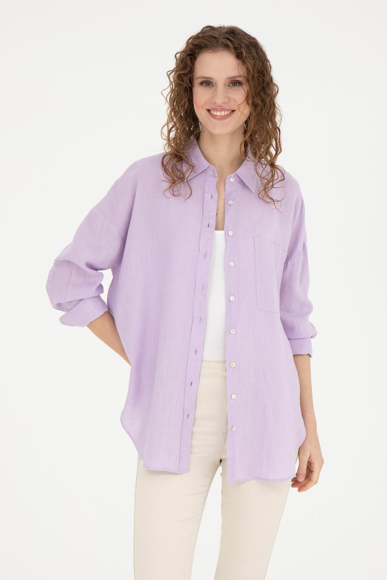 Kadın Lila Keten Uzun Kollu Gömlek - 50285878029