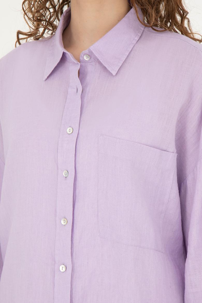 Kadın Lila Keten Uzun Kollu Gömlek - 50285878029
