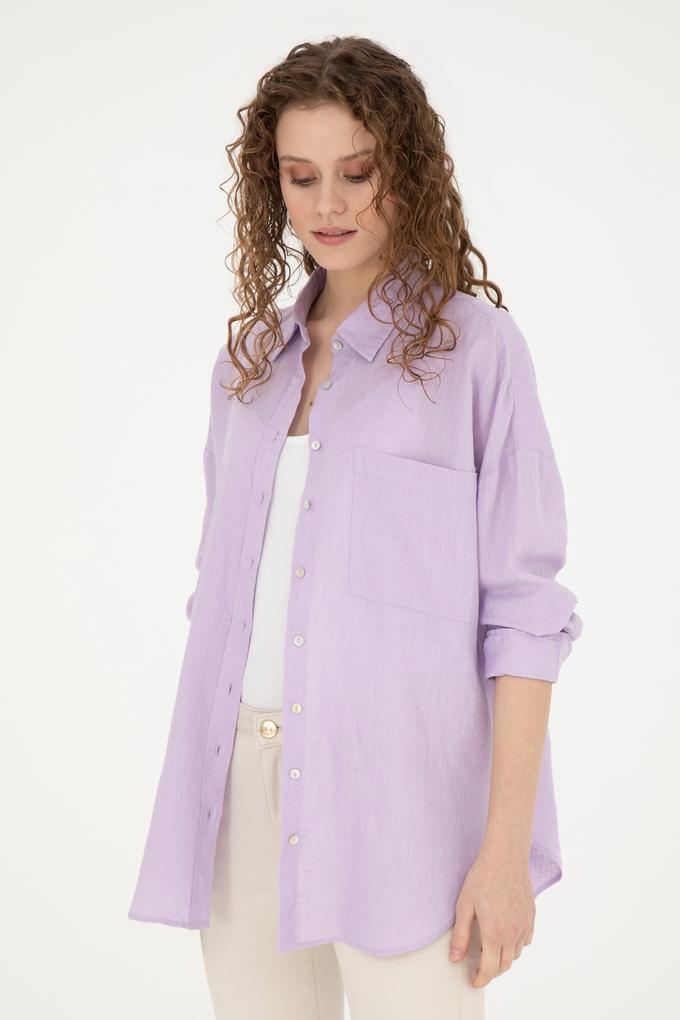 Kadın Lila Keten Uzun Kollu Gömlek