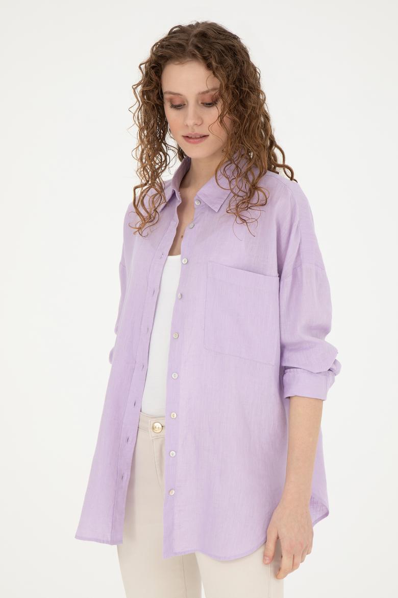 Kadın Lila Keten Uzun Kollu Gömlek