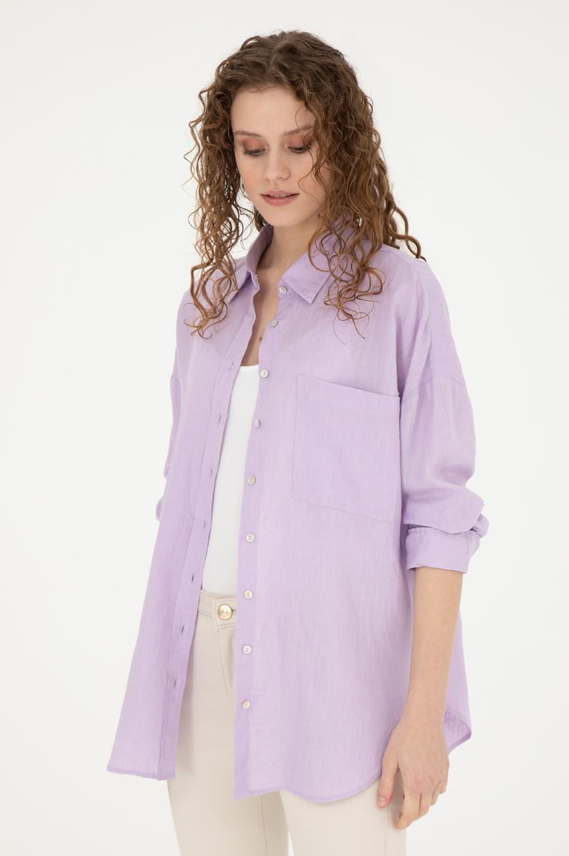 Kadın Lila Keten Uzun Kollu Gömlek