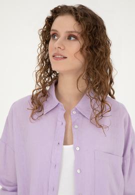 Kadın Lila Keten Uzun Kollu Gömlek - 50285878029
