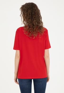 Kadın Kırmızı Basic Bisiklet Yaka Tişört - 50280020107