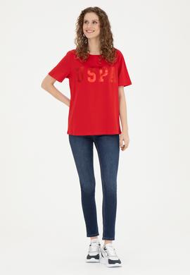 Kadın Kırmızı Basic Bisiklet Yaka Tişört - 50280020107
