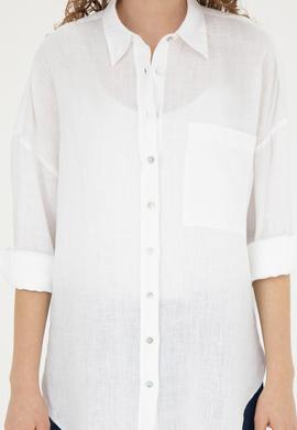 Kadın Beyaz Keten Uzun Kollu Gömlek - 50285878010
