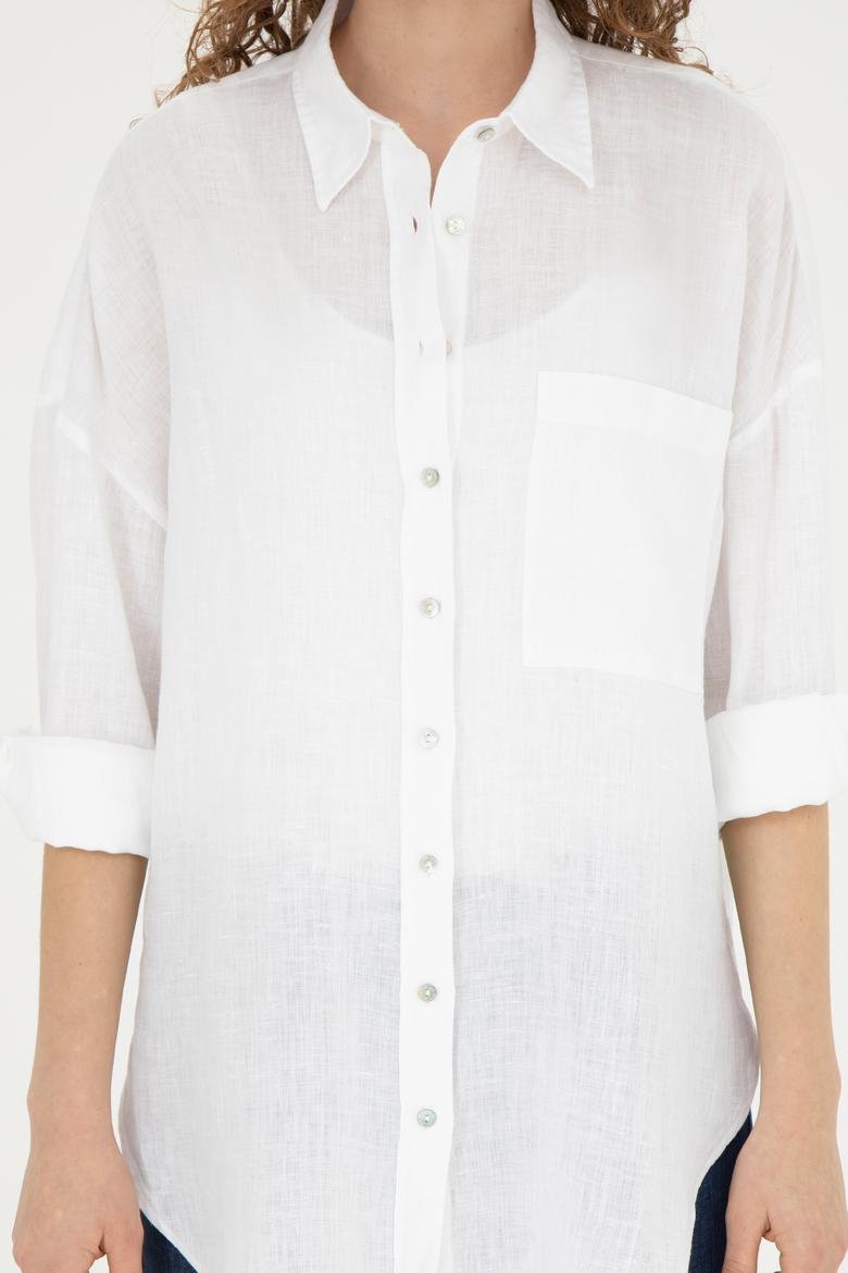 Kadın Beyaz Keten Uzun Kollu Gömlek - 50285878010