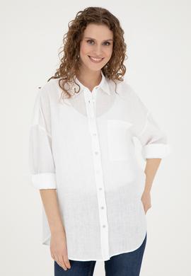 Kadın Beyaz Keten Uzun Kollu Gömlek - 50285878010