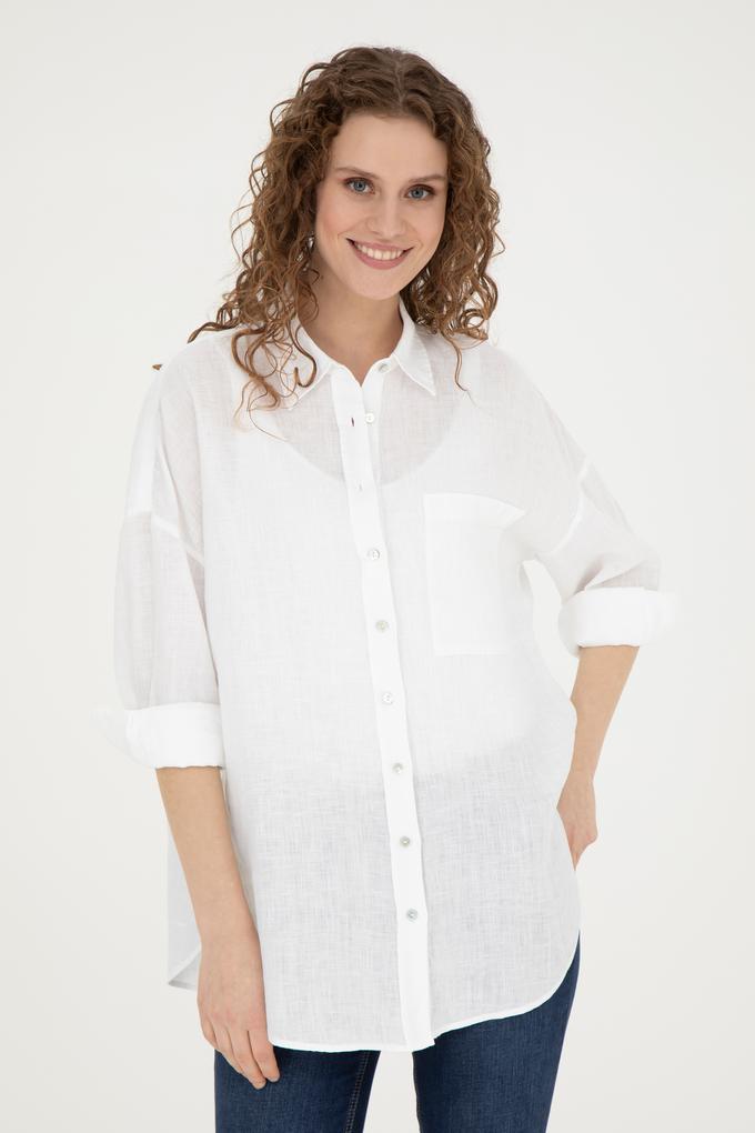 Kadın Beyaz Keten Uzun Kollu Gömlek