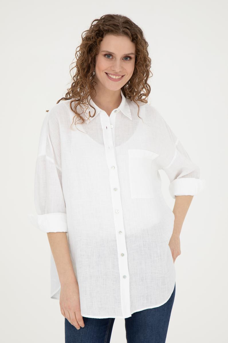 Kadın Beyaz Keten Uzun Kollu Gömlek