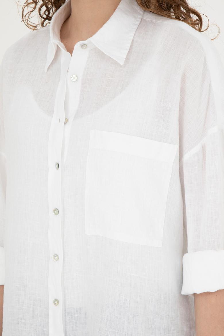 Kadın Beyaz Keten Uzun Kollu Gömlek - 50285878010