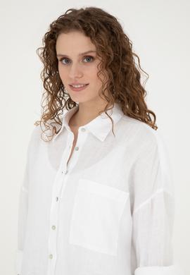 Kadın Beyaz Keten Uzun Kollu Gömlek - 50285878010