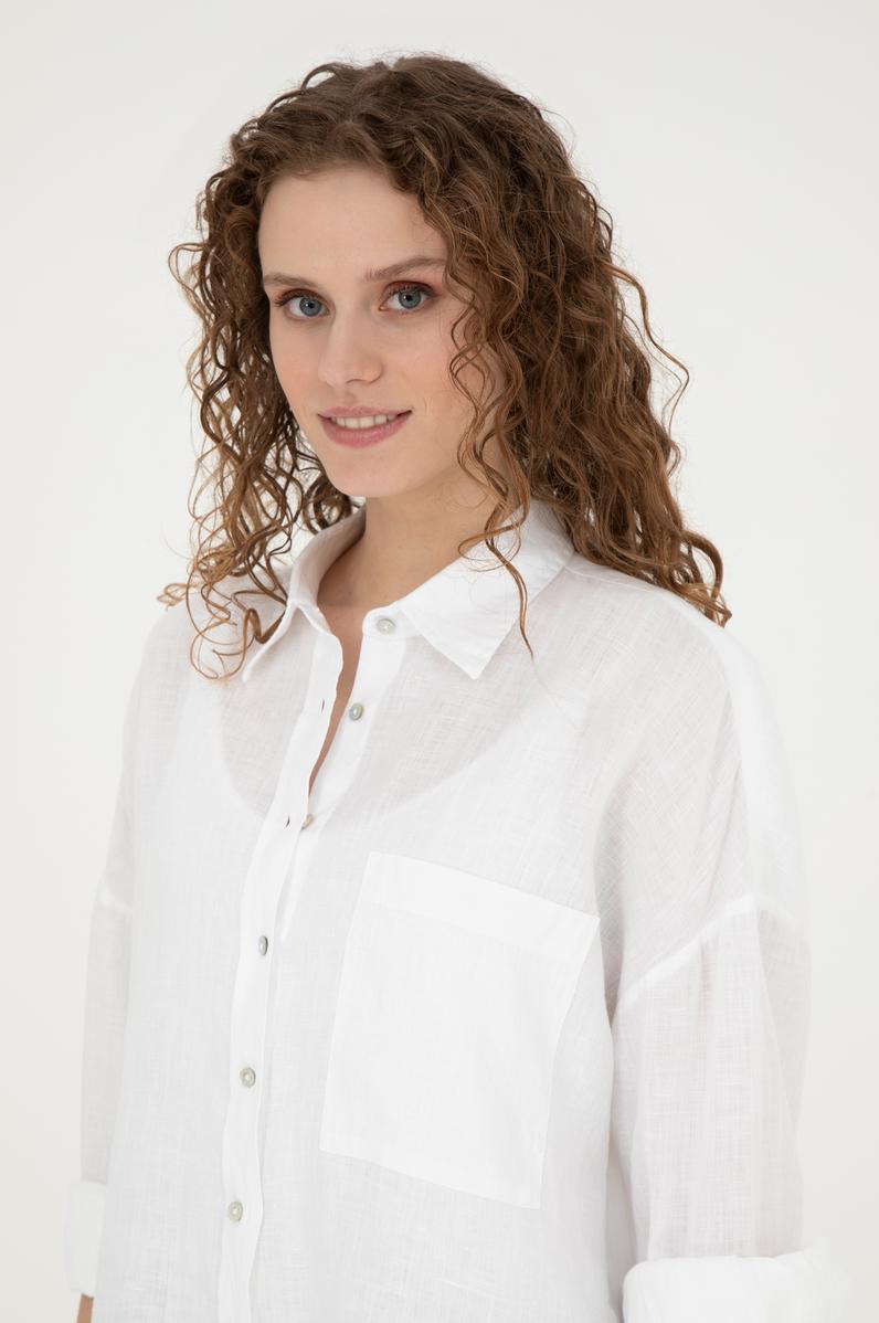 Kadın Beyaz Keten Uzun Kollu Gömlek