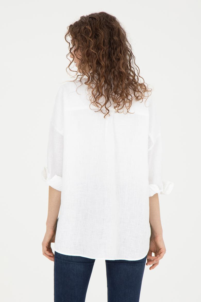 Kadın Beyaz Keten Uzun Kollu Gömlek - 50285878010