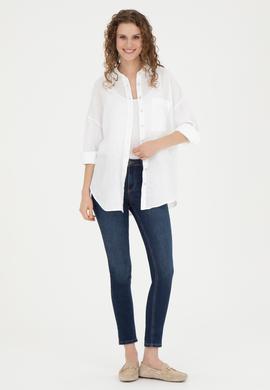 Kadın Beyaz Keten Uzun Kollu Gömlek - 50285878010