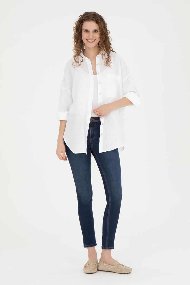 Kadın Beyaz Keten Uzun Kollu Gömlek - 50285878010