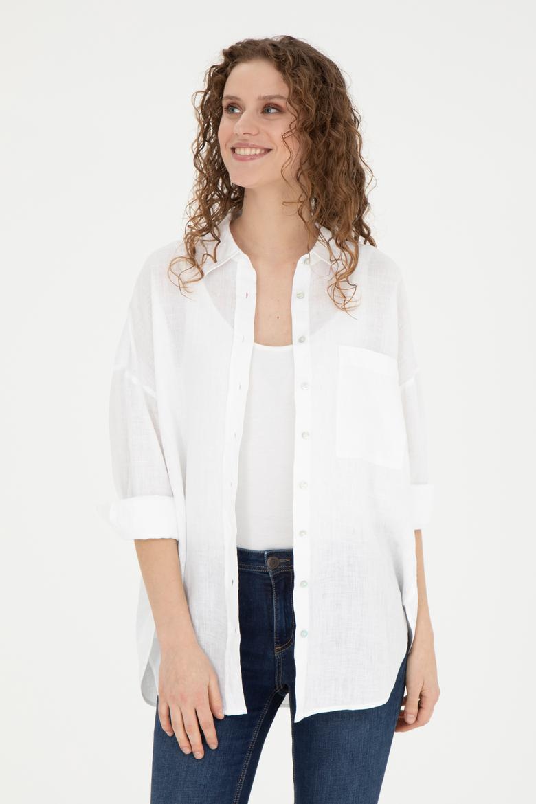 Kadın Beyaz Keten Uzun Kollu Gömlek - 50285878010