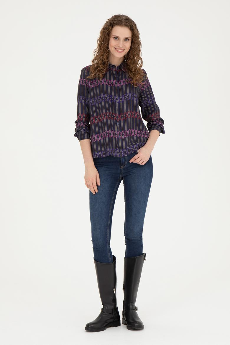 Kadın Lacivert Uzun Kollu Gömlek - 50271477003