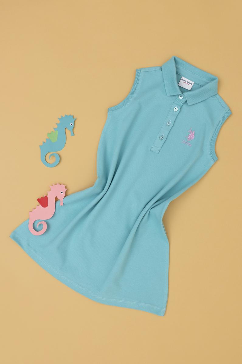 Kız Çocuk Mint Polo Yaka Kolsuz Örme Elbise